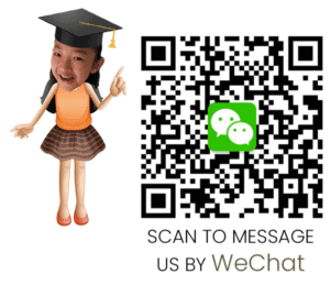 Young girl in graduation cap pointing with QR code for WeChat contact.